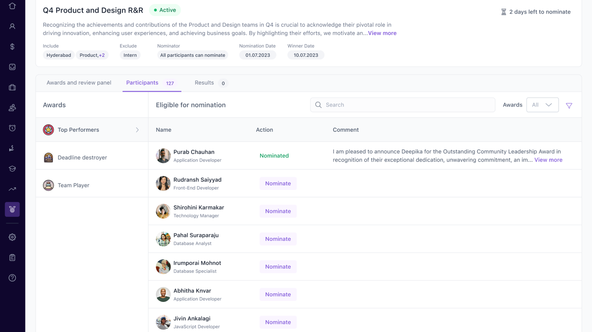 Nominator journey for Rewards and Recognition